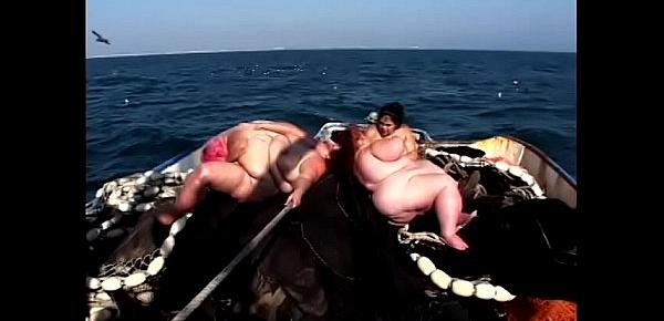  Four dirty BBW lifeguards fuck each other on the deck with toys on the boat